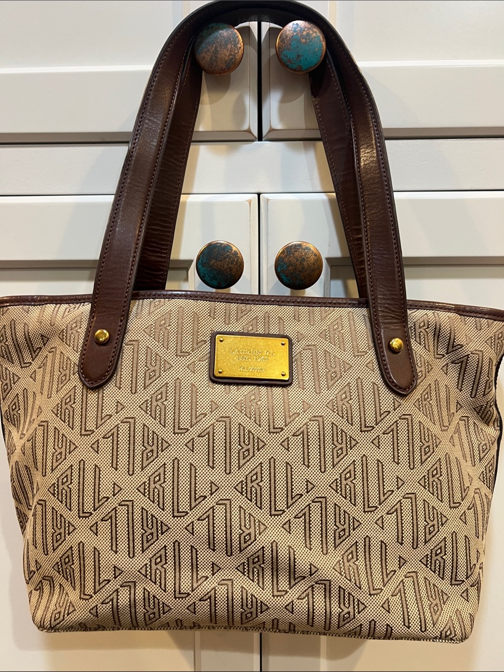 Ralph Lauren Monogram Canvas leather Shoulder Bag with leather trim zipper close